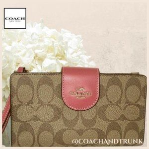 AUTHENTIC COACH Tech Phone Wallet Khaki and Strawberry Haze